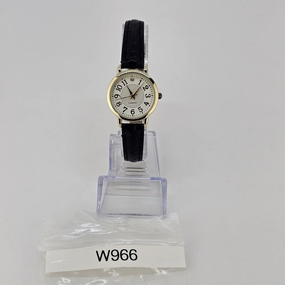 Women's Watch 28MM Cream Dial Black Faux Leather Bands NEW Battery